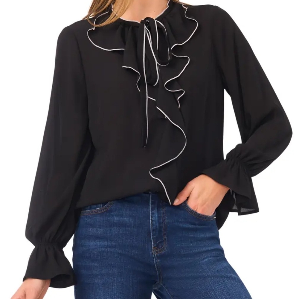 CeCe Contrast Trim Ruffle Shirt